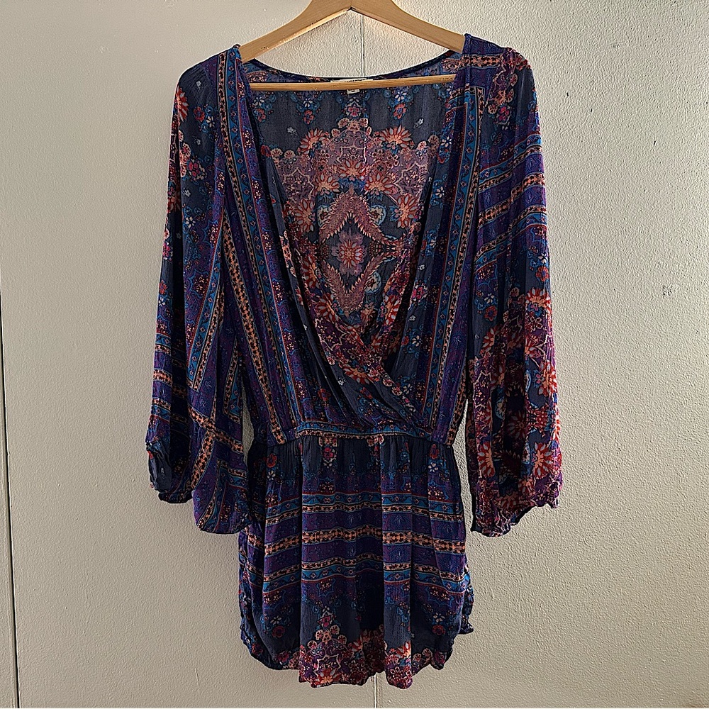 Boho floral purple/blue/orange American Eagle romper. Super versatile!